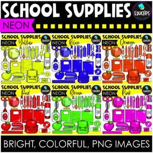 Neon School Supplies Clipart | Bright Classroom Tools {Educlips Clipart}