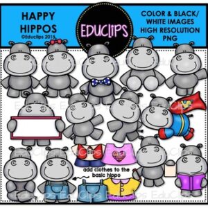 Happy Hippos Clip Art Bundle (Color and B&W) {Educlips Clipart}