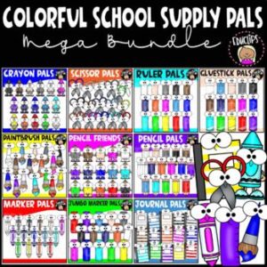 Colorful School Supply Pals Clip Art Mega Bundle {Educlips Clipart}