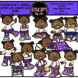 Everyday Verbs African American Girls Clip Art Bundle {Educlips Clipart}
