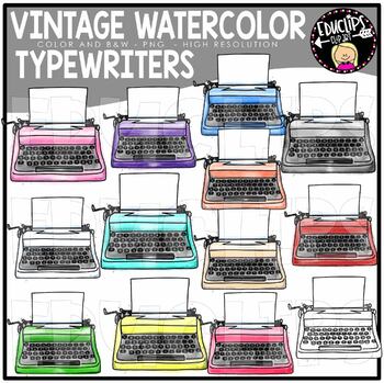 Vintage Watercolor Typewriters Clip Art Set {Educlips Clipart}