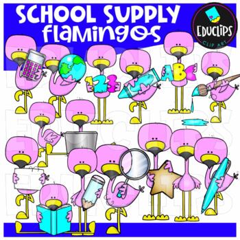 School Supply Flamingos Clip Art Set {Educlips Clipart}