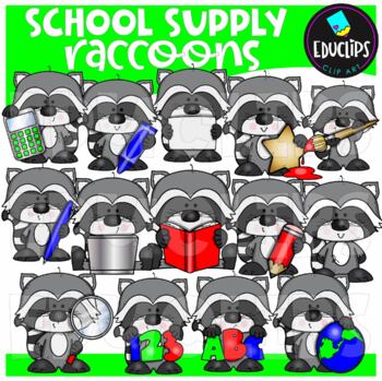 School Supply Raccoons Clip Art Set {Educlips Clipart}