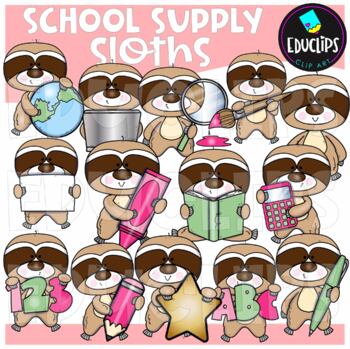 School Supply Sloths Clip Art Set {Educlips Clipart}