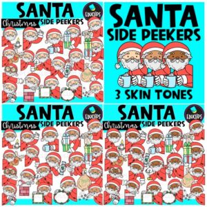 Santa Christmas Side Peekers Clipart | Holiday Santa in 3 Skin Tones  {Educlips}